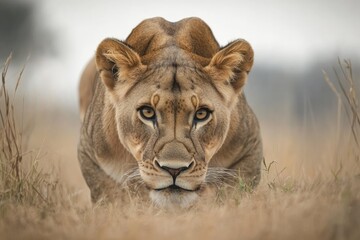 Obraz premium Dramatic close-up of a lioness on the prowl, showcasing her fierce gaze against a blurred nature backdrop.