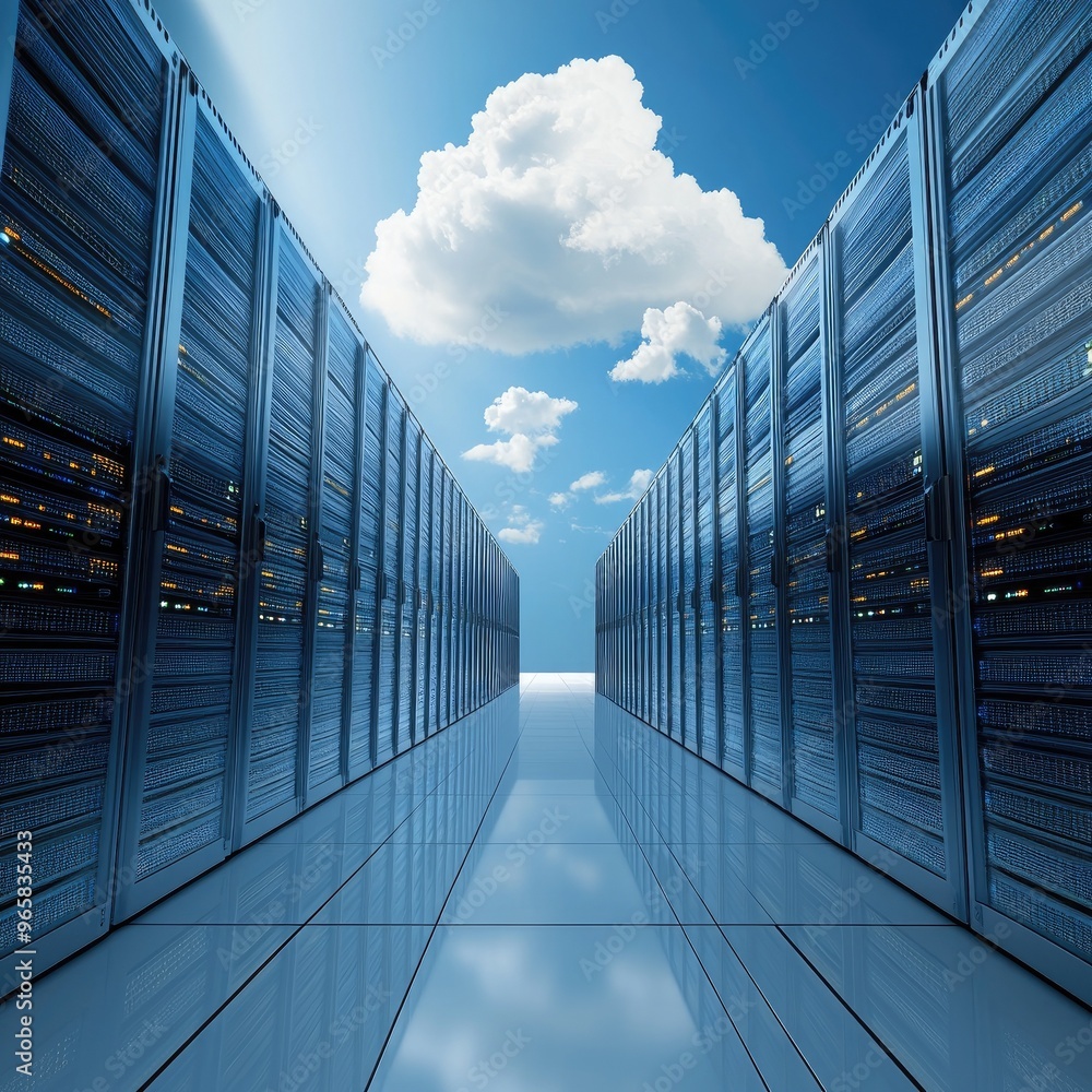 Poster futuristic data center with rows of servers under a bright blue sky, illustrating advanced technolog