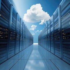 Futuristic data center with rows of servers under a bright blue sky, illustrating advanced technology and cloud computing.