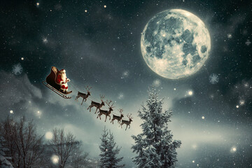 Naklejka premium Santa Claus in his sleigh flying across a starry sky, with reindeer leading the way and a full moon illuminating the snowy landscape below.