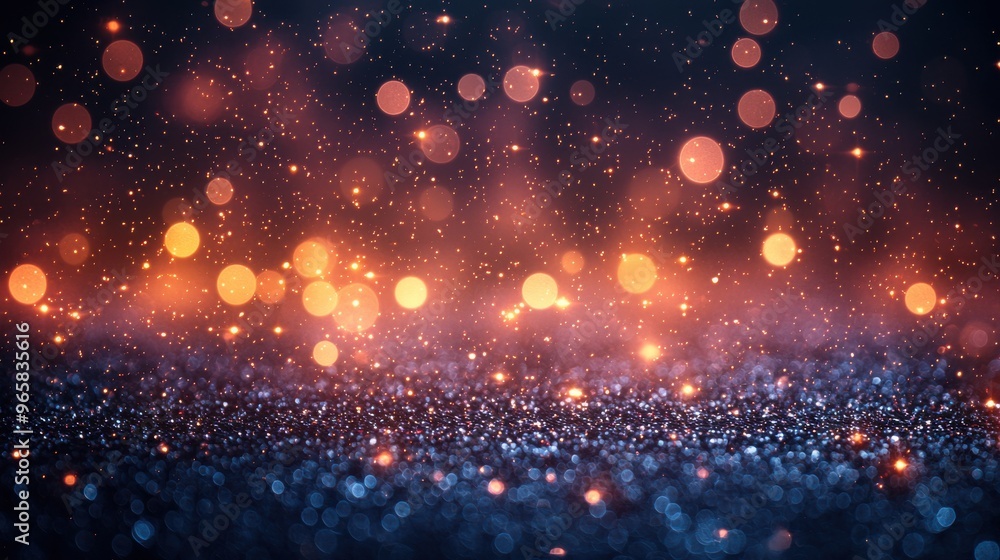 Poster a vibrant display of sparkling particles and bokeh lights in warm tones against a dark background du
