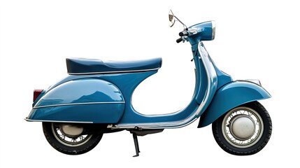 Blue retro scooter, isolated on a plain white backdrop.