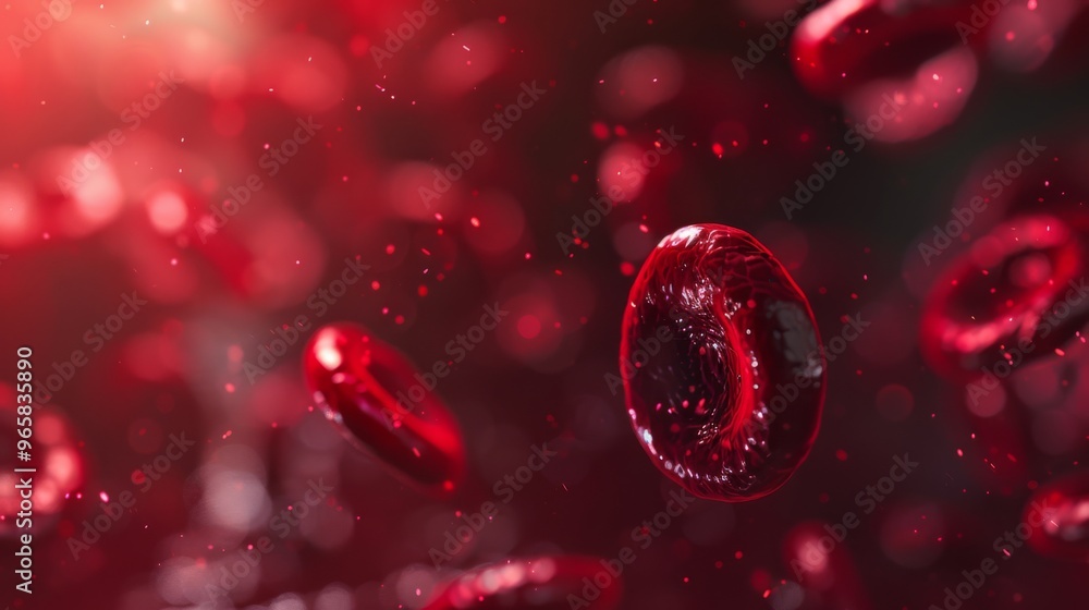 Poster Close-up view of red blood cells floating in plasma with light reflections
