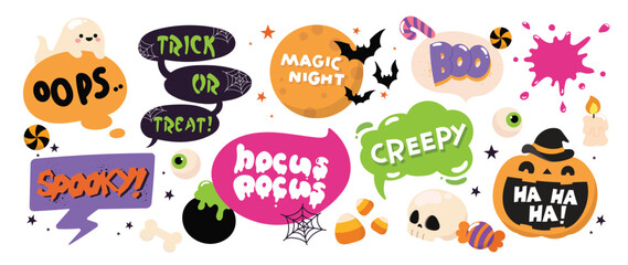 Set of speech bubble with text halloween concept vector. Collection of contemporary figure, skull, bat, ghost, pumpkin, candy. Chat design element perfect for banner, print, sticker, cartoon.