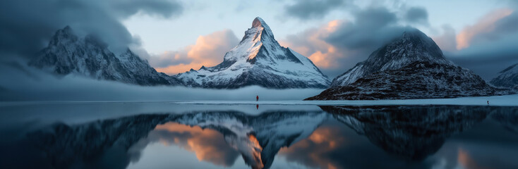 A stunning mountain landscape with a snow-covered peak reflecting on a calm lake at sunset. A lone person in a red jacket stands on the shore, adding scale to the scene.