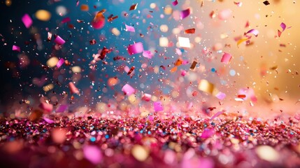 Colorful confetti falls gracefully to the ground at a festive celebration during the evening, creating a vibrant and joyful atmosphere