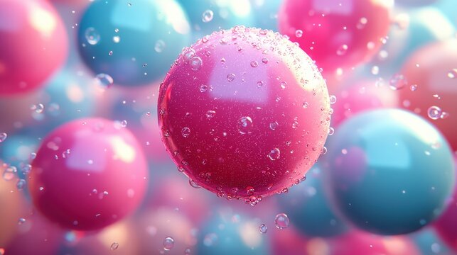 Colorful spheres with bubbles suspended in water create a vibrant underwater scene in bright pink and blue tones