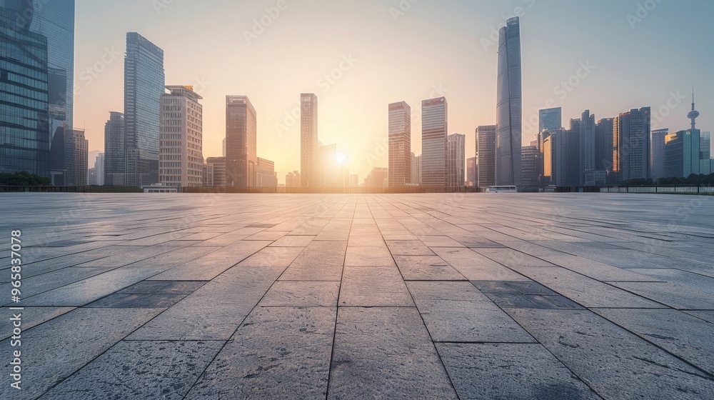 Poster empty square in front of modern city skyline during sunset with clear sky and soft lighting