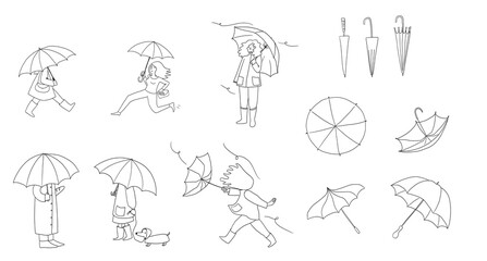 Pack dessin noir et blanc de femme debout avec un parapluie, femme qui court avec un parapluie, parapluie qui se retourne, parapluie fermé, parapluie ouvert, chien en laisse avec un manteau de pluie