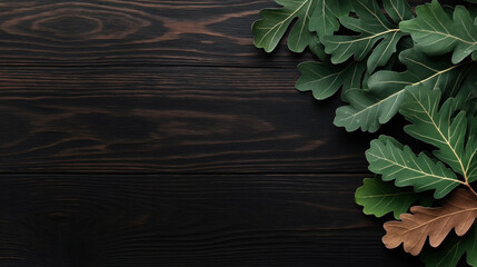 Green and brown oak leaves arranged on the right side of a dark wooden surface, creating a natural and rustic backdrop with empty space for text or objects.