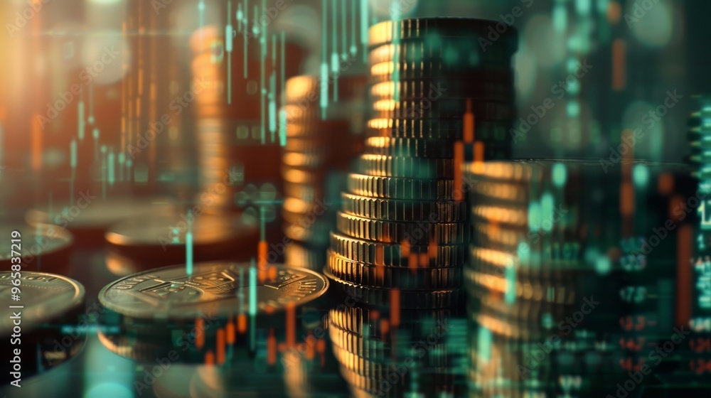 Poster Finance and banking concept with graph and stock display double exposure on coins