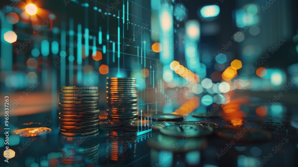 Poster Finance concept with graph overlaying stock display and coins double exposure