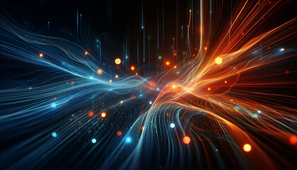 Abstract dynamic flowing lines in vibrant orange blue hues composition evokes a feeling of motion and light suggesting a digital or futuristic theme against a dark background