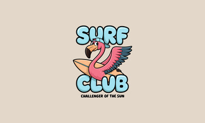Flamingo holding a surfboard with Surf Club text design