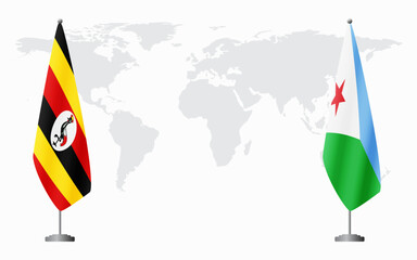 Uganda and Djibouti flags for official meeting against background of world map.