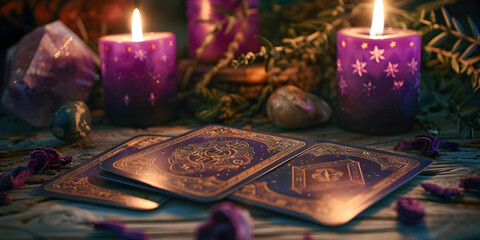 Crystals candles and other divination tools next to the tarot cards