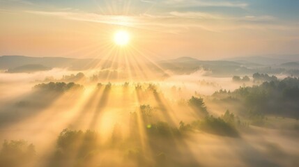 Gentle sun rays illuminating foggy landscape at dawn