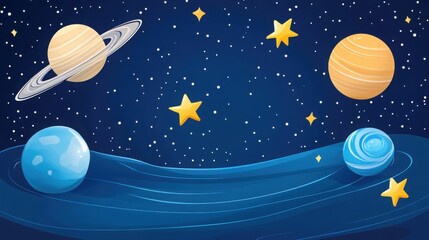 Vector illustration of colorful planets and stars in deep space, showcasing a whimsical and educational outer space scene.