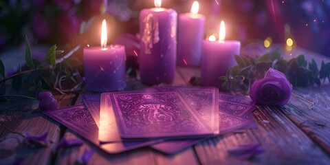 Mystical Fortune Telling Scene with Tarot Cards and Candles 
