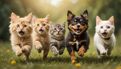 Dog and Cat Group Running in Field