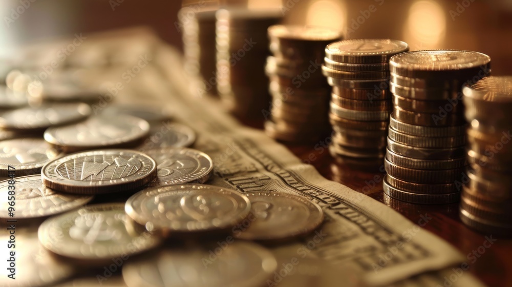 Poster Graph and stock display superimposed on rows of coins for banking concept