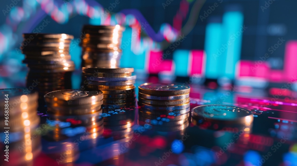 Poster graph superimposed on stock display and coins for finance and banking