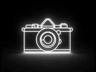 A minimalist white neon camera icon glowing brightly on a black background with clean, bold lines