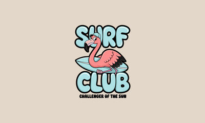 Flamingo holding a surfboard with Surf Club text design