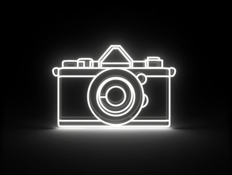 recommend clip art: A minimalist white neon camera icon glowing brightly on a black background with clean, bold lines