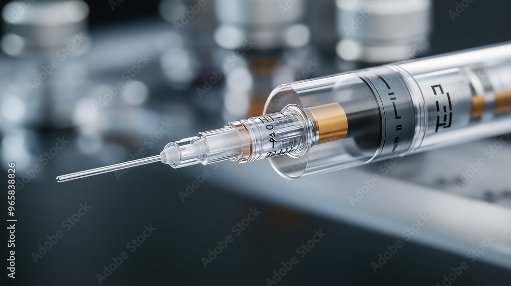 Sticker Close-up of a medical syringe with a sharp needle and measurements on the barrel, used for vaccinations or medical injections, with blurred background for emphasis.