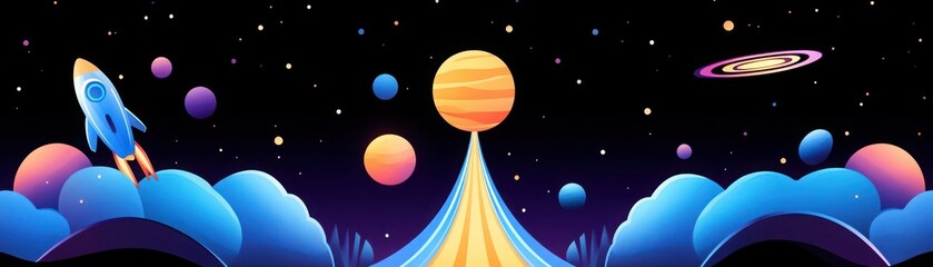 Vibrant digital illustration of outer space with colorful planets, rocket, and stars against a black background. Perfect for space-themed designs.