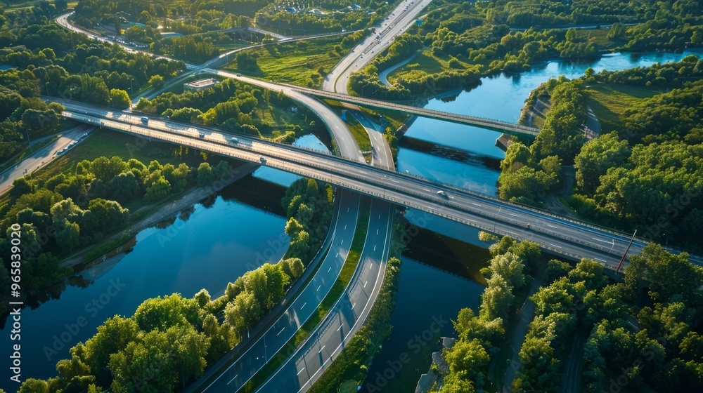 Aufkleber highway interchange with a river running nearby and bridges connecting different lanes