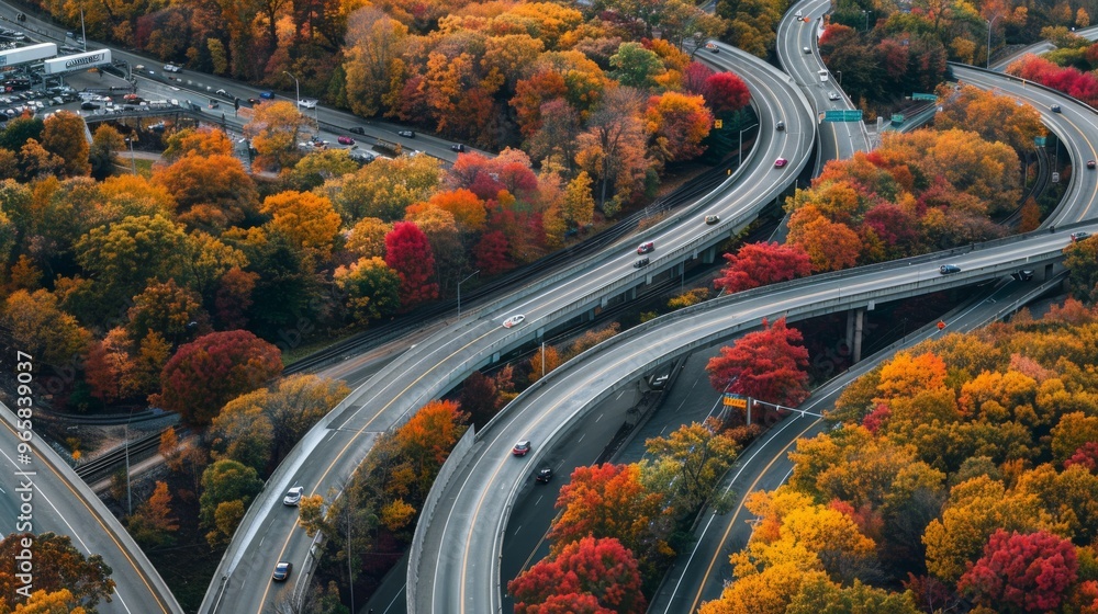 Poster highway interchange surrounded by autumn foliage and colorful trees
