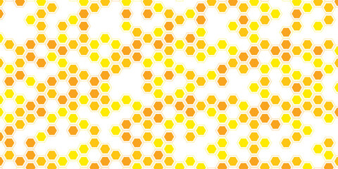 Bee honeycomb banner template with yellow and orange hexagonal cells. Vector honey texture background