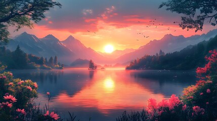 Breathtaking Sunset Reflection on Serene Mountain Lake Surrounded by Lush Foliage