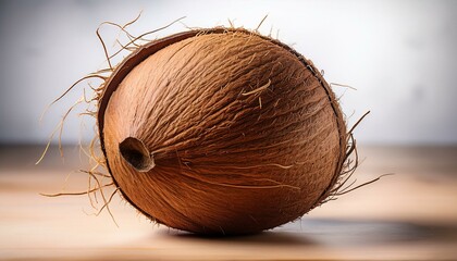 A whole coconut with the husk removed, showing the brown fibrous outer layer.