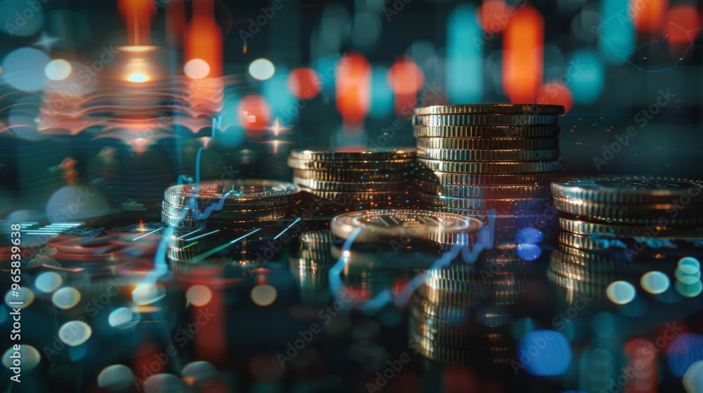 Aufkleber Rows of coins with finance graph and stock display double exposure concept