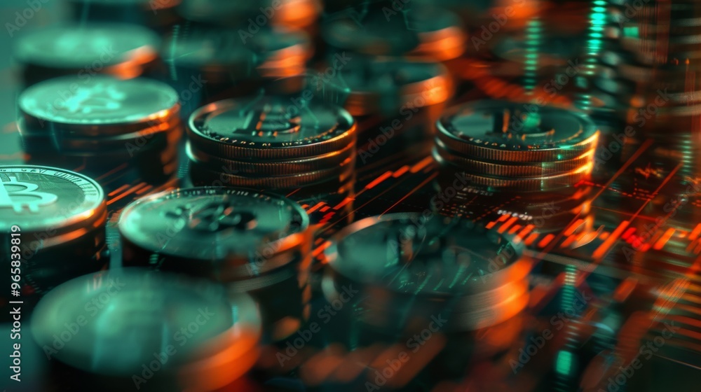 Poster Rows of coins with graph and stock display double exposure finance and banking theme