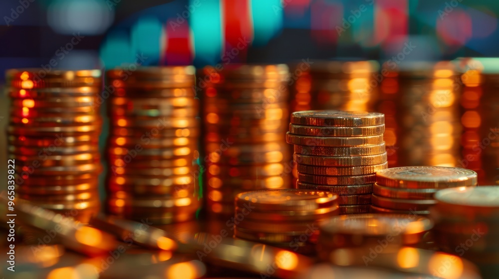 Poster Rows of coins with graph and stock display double exposure finance and banking theme