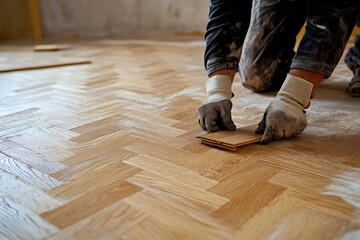 A worker laying parquet flooring on the floor, the flooring installation process in home interior decoration and construction work concept