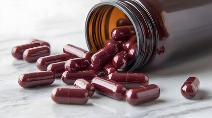 Red Medicinal Capsules Spilled from Glass Bottle on White Background
