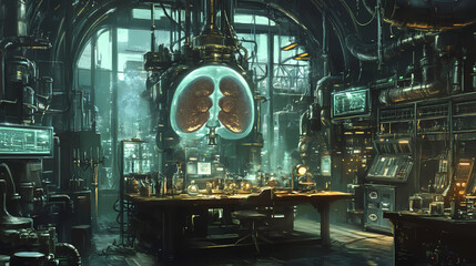 A steampunk mad scientist's laboratory with a lung in a central control block. Secret Laboratory. Illustration