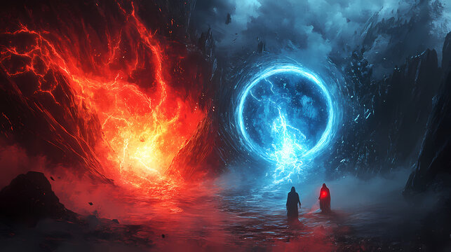 A vivid depiction of an energetic clash between two elemental forces, illustrated with glowing red and blue visuals. Time Portal. Illustration