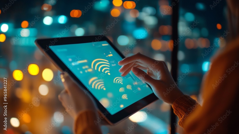 Poster tablet displaying wifi signals in modern office