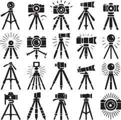Black and White Vector Illustration: Collection of Camera Tripods for Photography, Videography, and Content Creation - Stock Image