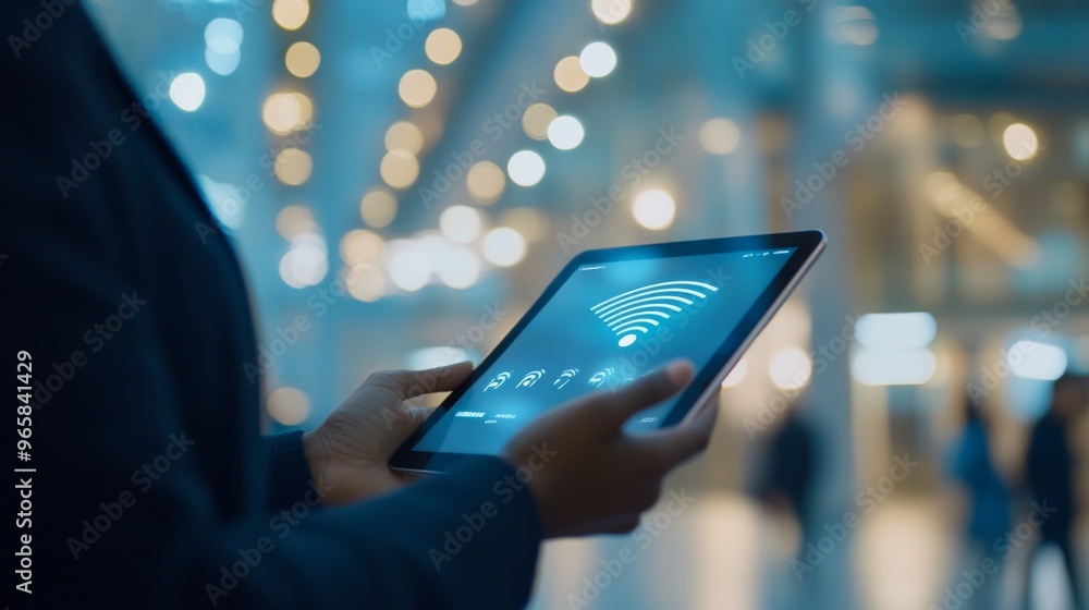 Poster tablet displaying wifi signals in modern office