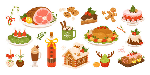Christmas food set with seasonal desserts and serving meat isometric vector illustration. Happy winter holiday celebration meal turkey ham sweet cane gingerbread man ginger house cake delicious