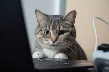 Focused and Captivated Cat Sitting in Front of a Computer