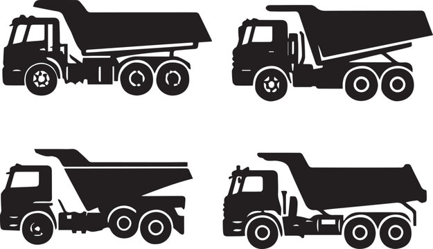 Black and White Vector Illustration of Dump Trucks: Construction Vehicles, Heavy Machinery, Transportation, Silhouette Graphics, Commercial Use