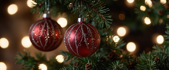 Obraz premium Sparkling Christmas Ornaments: Two elegant, red Christmas ornaments with intricate golden designs hang gracefully on a lush Christmas tree, bathed in the warm glow of holiday lights. Their reflective 